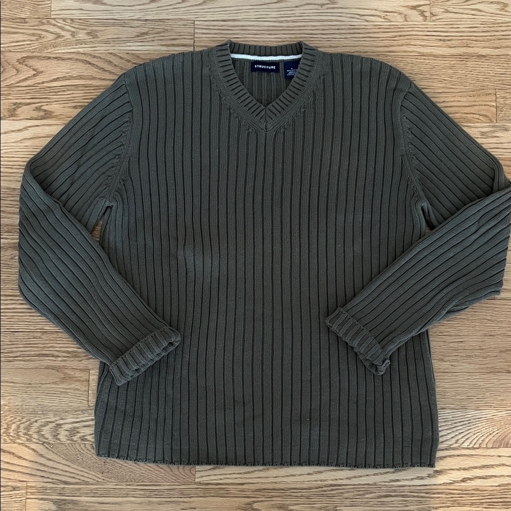 Vintage Y2K Structure Men's V-Neck Ribbed Sweater - 100% Cotton